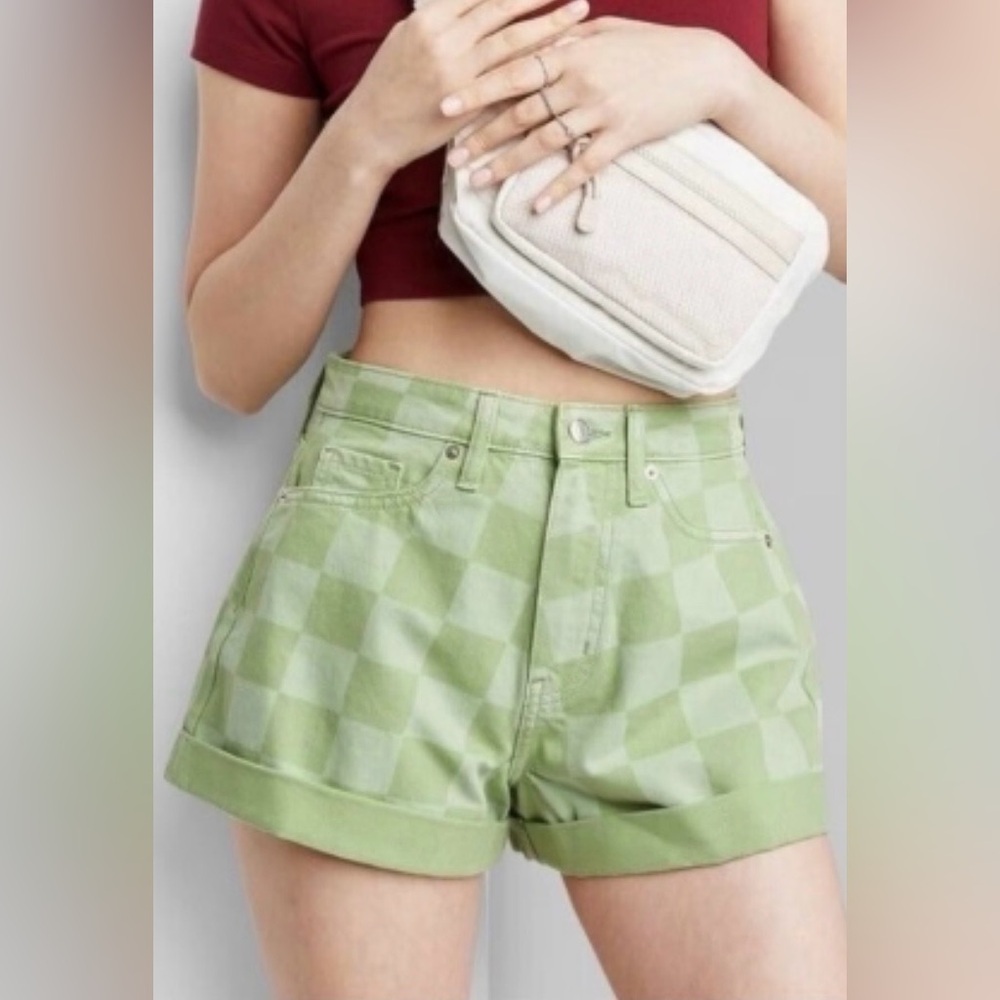 Wild Fable Sz 8 3” High Waist Mom Light Green Checkered Jean Shorts Grunge Y2K